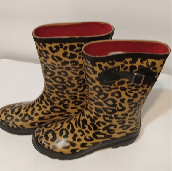 Rubber Boots Ankle Leopard Print Adjustable Buckles Felt Lining Women Size 6 - Picture 3 of 8